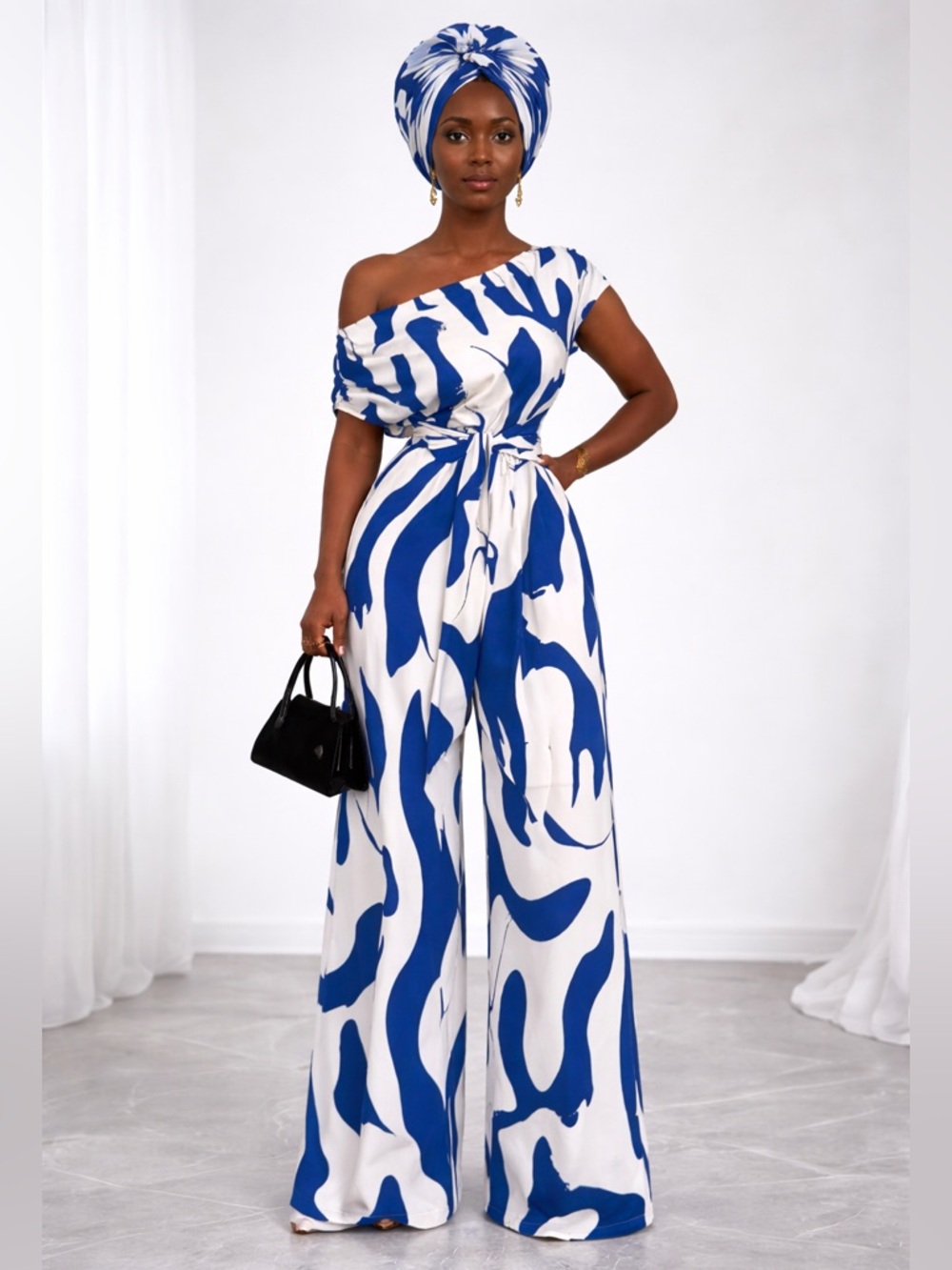 Off-Shoulder Wide Leg Jumpsuit in Blue & White